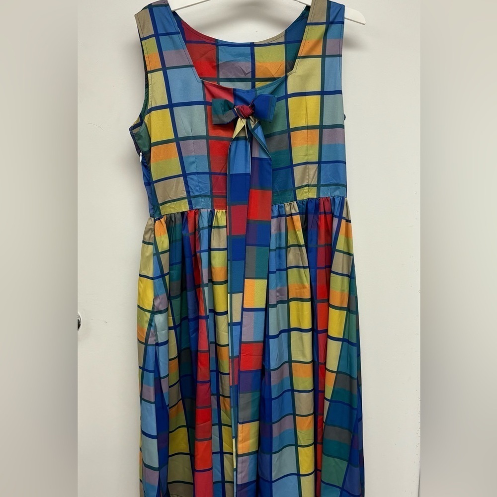Vintage Square Neck Bow-Front Plaid Dress, fits like Small or Medium - Picture 2 of 8